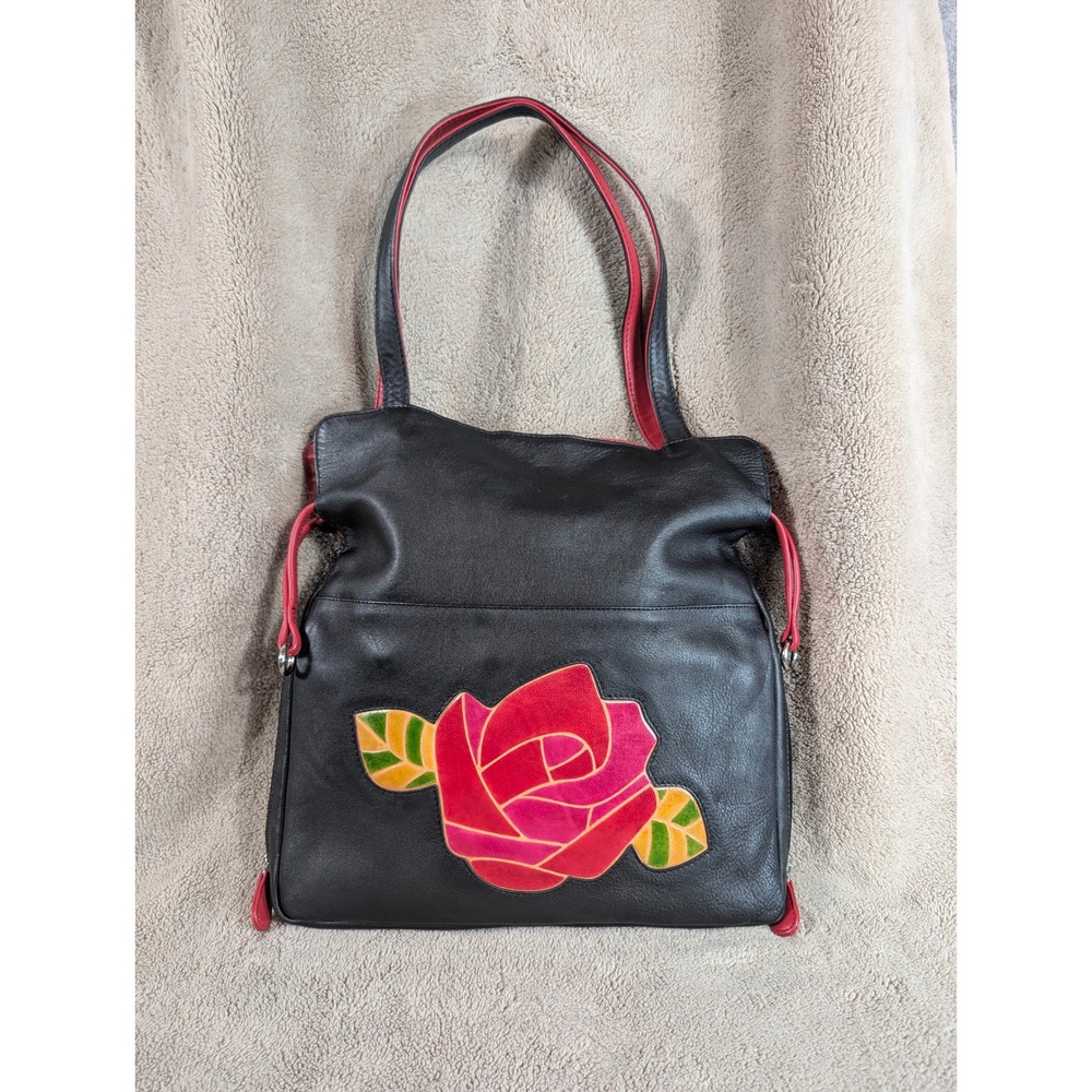 ILI New York Black Genuine Leather Rose Applique Shoulder Bag Tote